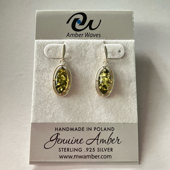 Green Baltic Amber Drop Earrings Sterling Silver Dangle - Picture 1 of 9
